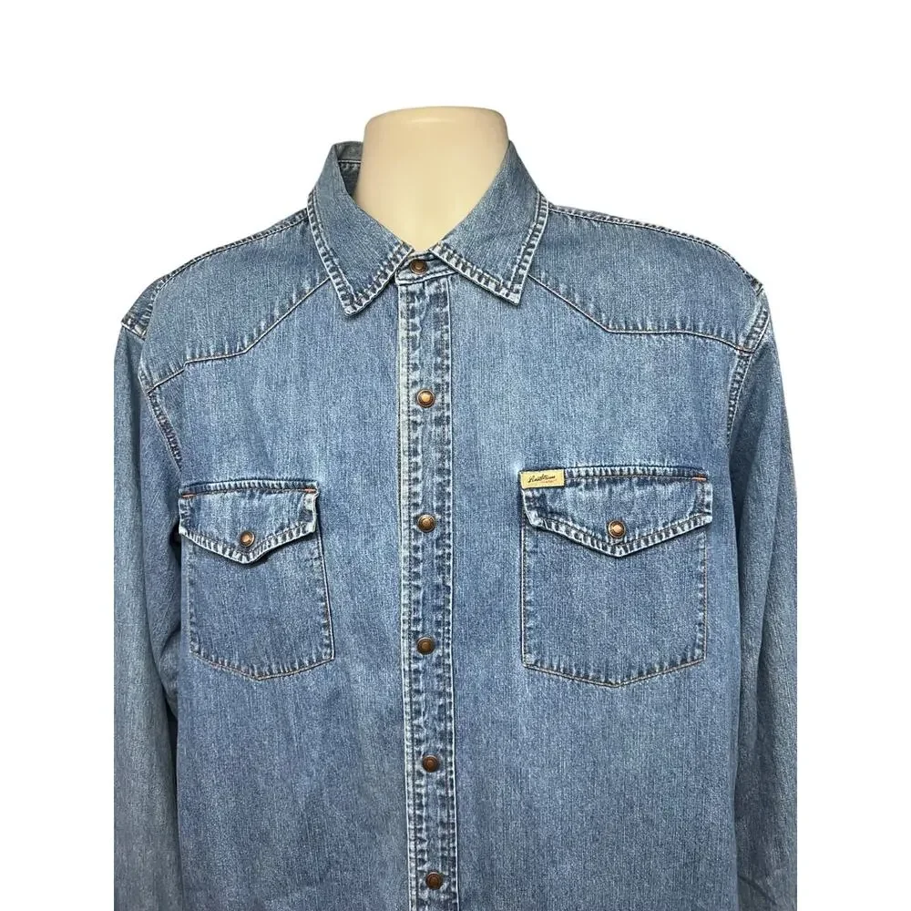 Levis Sawtooth Western Blue Mens Denim Snap Up Shirt Large Flap Pockets Cotton